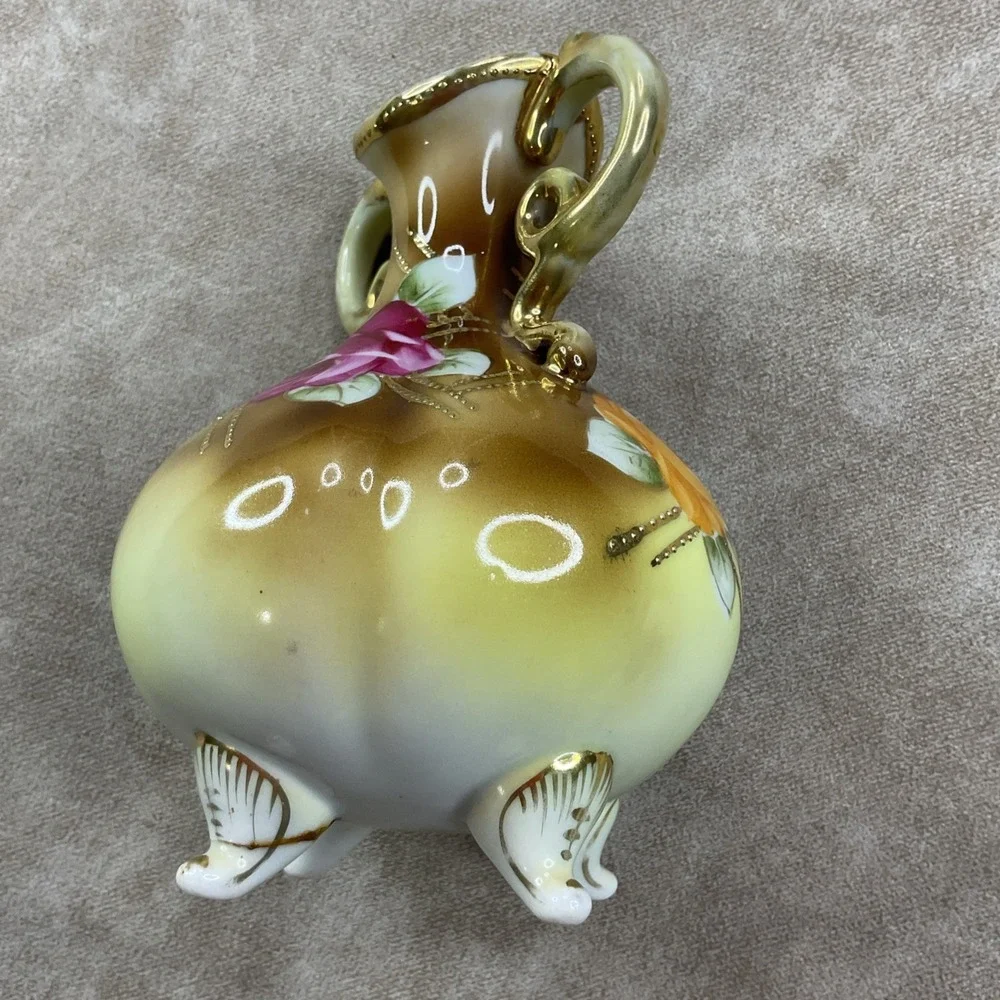 Antique Nippon Hand‎ Painted Bone China Beaded Gold Trim Two Handle Vase